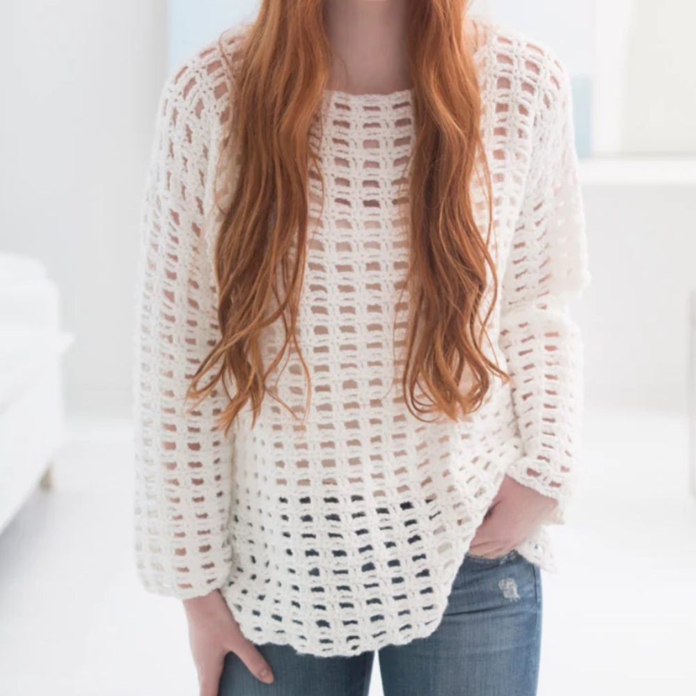 Handmade White Yarn Mesh Pullover Crochet Long Sleeve Box Neck Sweater S